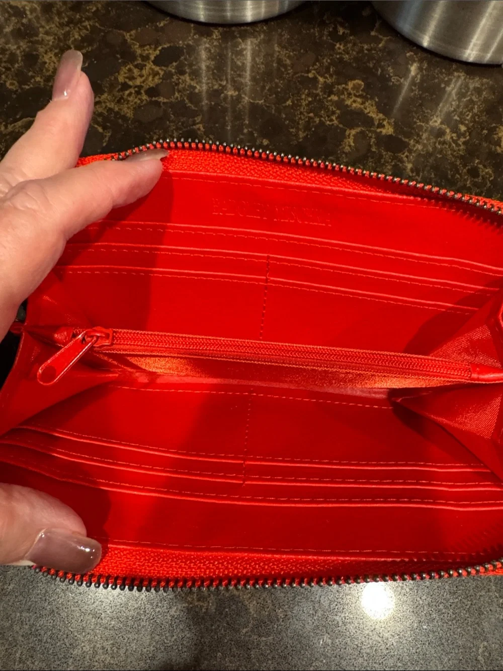 Badgley Mischka Red Zip Wallet with Embossed Logo zipper pull replaced